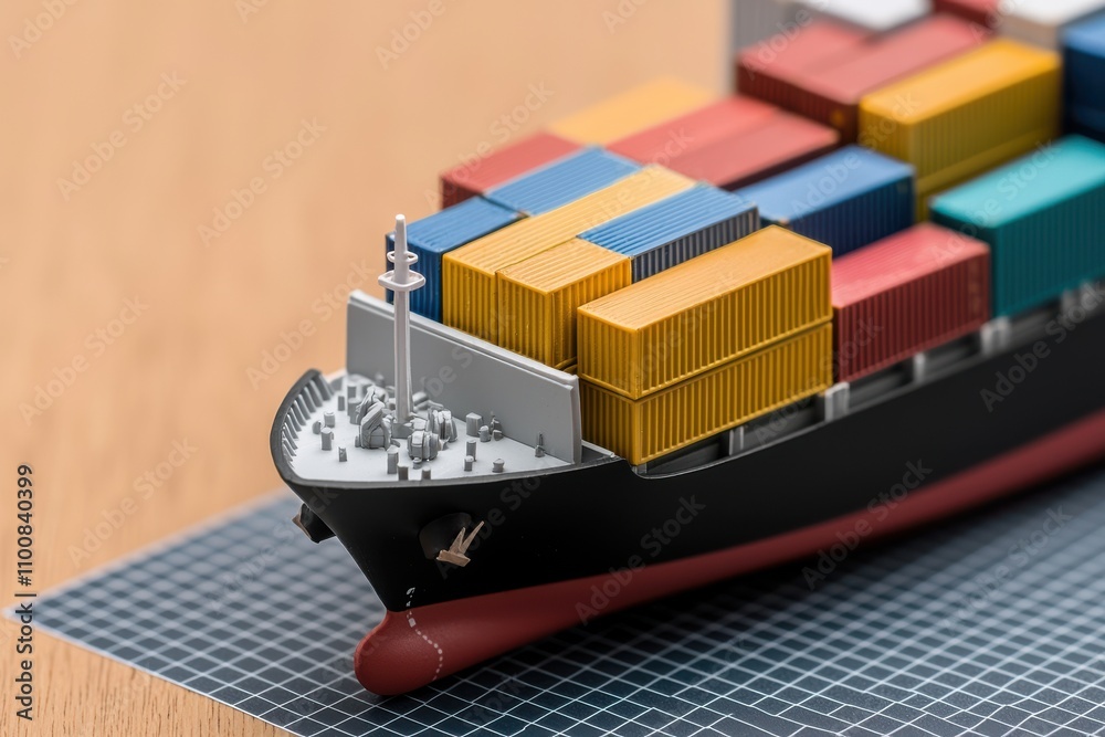 Obraz premium logistics cargo shipping cost-effective concept. Model cargo ship with colorful containers