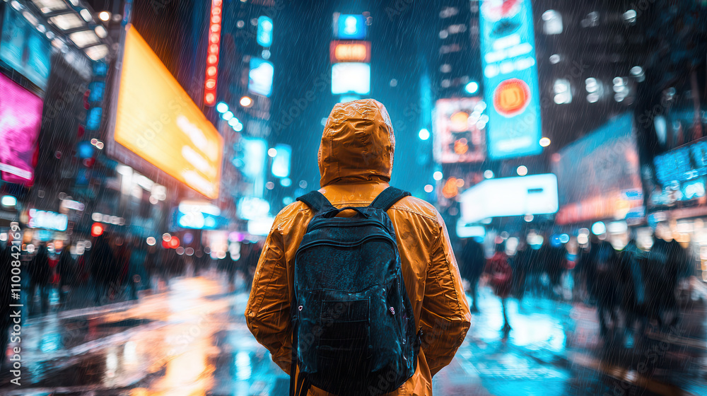 Fototapeta premium person in yellow raincoat stands in vibrant, neon lit street scene during rain, surrounded by bustling crowd in cyberpunk city