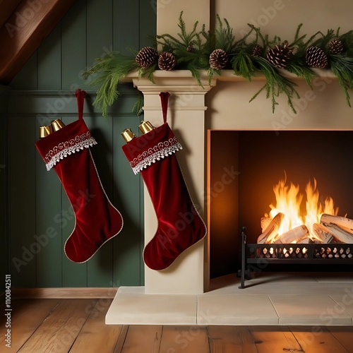 A cozy Christmas fireplace scene with stockings hanging, a crackling fire, and a blank wooden mantle perfect for adding a holiday message photo