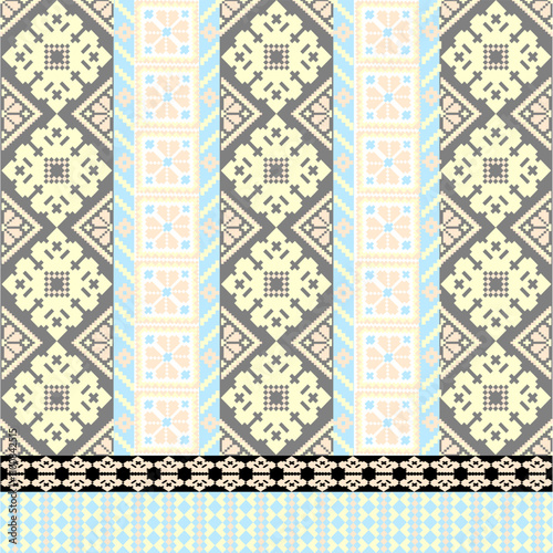 Art Abstract with Pixel Art Designs. Traditional Cross Stitch needlework. Geometric Ethnic Pattern, Embroidery, Textile Ornamental, Fabric, Hand Stitch Pattern, Cultural Stitching Pixel Art