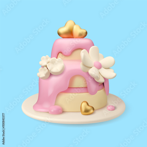 Wedding or birthday cake vector 3d icon. Pink chocolate dessert with gold hearts and blossom. Elegant cartoon illustration isolated on blue background