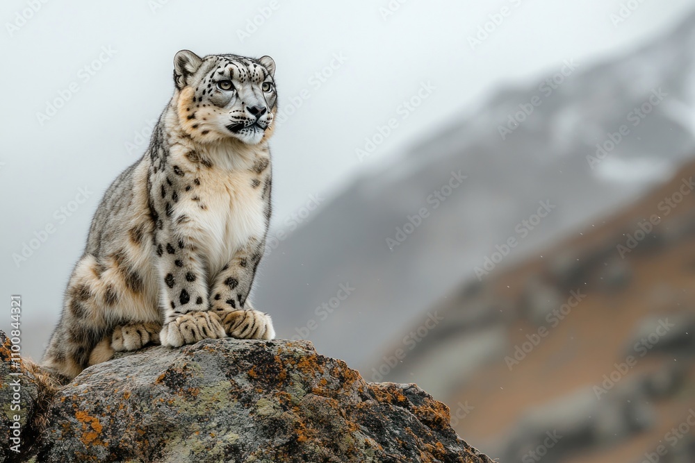 Fototapeta premium A snow leopard sits on a rocky outcrop, with a mountainous backdrop. The animal looks out across the landscape, with a sense of alertness and awareness.