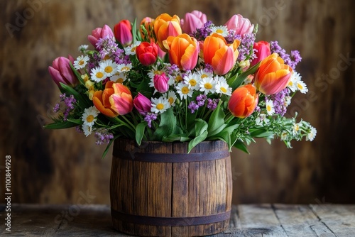 Wallpaper Mural A rustic wooden bucket filled with a vibrant mix of tulips, daisies, and other wildflowers, set against a warm wooden background. Torontodigital.ca