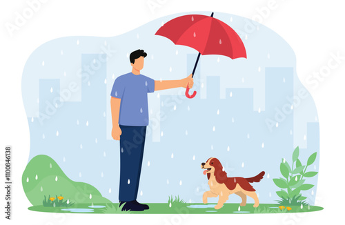 Man with umbrella and dog walking in rain in city park. Leisure, Communicating with Home Animal in Park. Cartoon Vector Illustration.