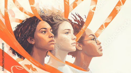 Three women stand with their faces obscured, surrounded by flowing orange and white ribbons, against a light background, creating a vibrant and dynamic scene