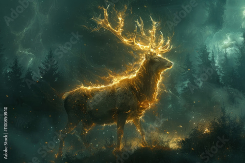 a majestic deer shines with golden light while standing   Generative AI photo