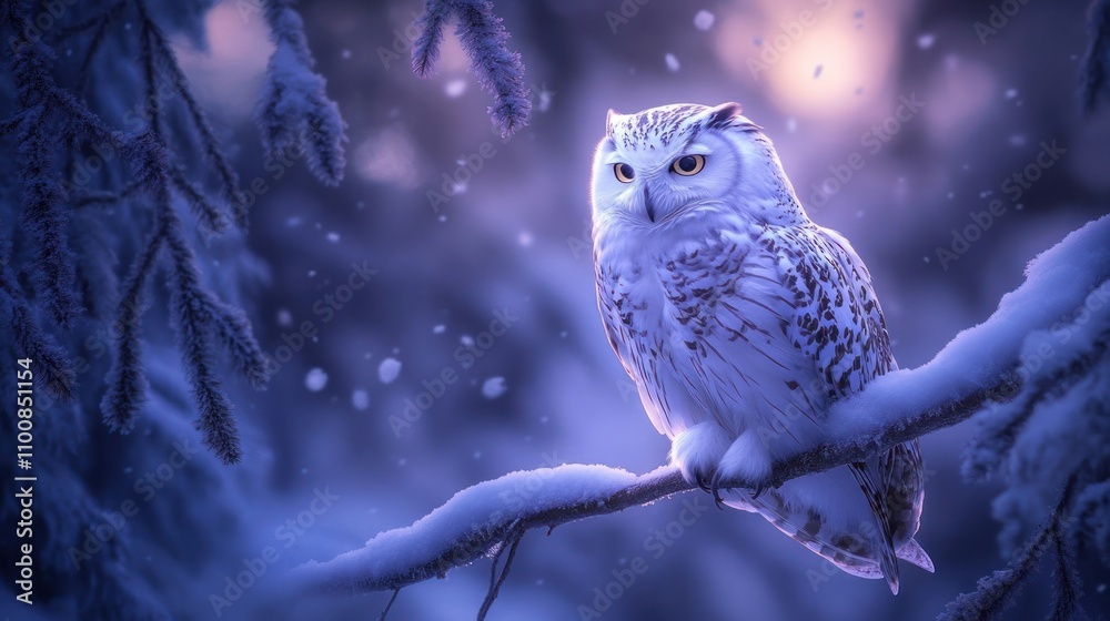 A majestic owl perched on a snowy branch in a serene winter landscape. A majestic owl perched on a snowy branch in a serene winter landscape.
