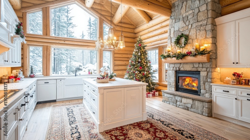 Stunning Christmas kitchen in a log cabin with tall ceilings, large windows, and a cozy fireplace Stunning Christmas kitchen in a log cabin with tall ceilings, large windows, and a cozy fireplace