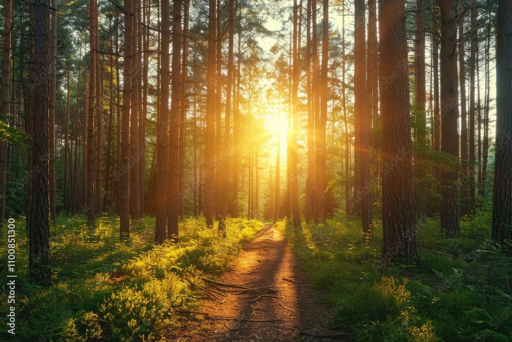 Obraz premium Sunlit path through a dense pine forest. Ideal for projects about nature, peace, or tranquility.
