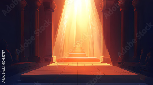 Ancient temple with light beam and podium. Mythology. Illustration photo