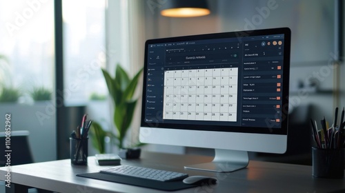 A desktop computer screen displaying a sleek calendar app with highlighted events.