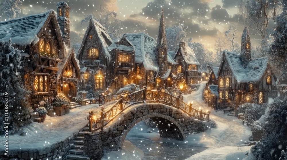 Fototapeta premium A picturesque winter village scene with snow, cozy homes, and a charming bridge.