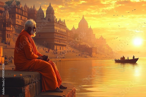 Elderly Indian Sadhu by Ganges River at Sunset with Varanasi Temples in Background