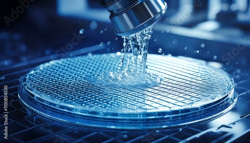 3D Illustration of Semiconductor Wafer Cleaning Process in Manufacturing Plant. 