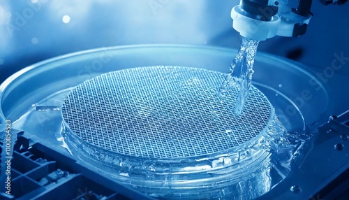 3D Illustration of Semiconductor Wafer Cleaning Process in Manufacturing Plant. 
