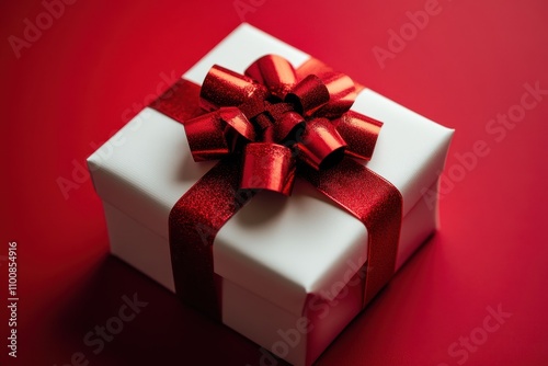 White gift box with a red ribbon. Perfect for holidays, celebrations, or gifting themes.