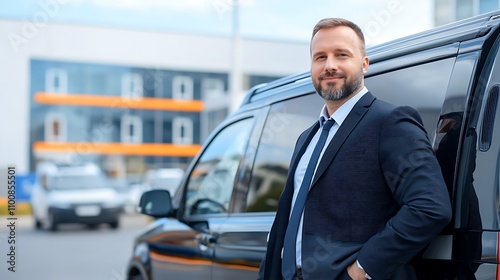 Urban portrait of professional businessman in suit next to luxury van - confident stance photo