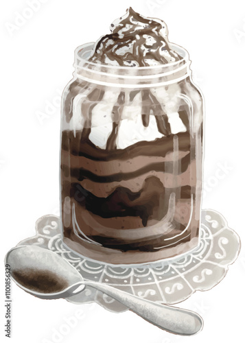 chocolate mousse cake ice cream hand drawn watercolor illustration isolated on white