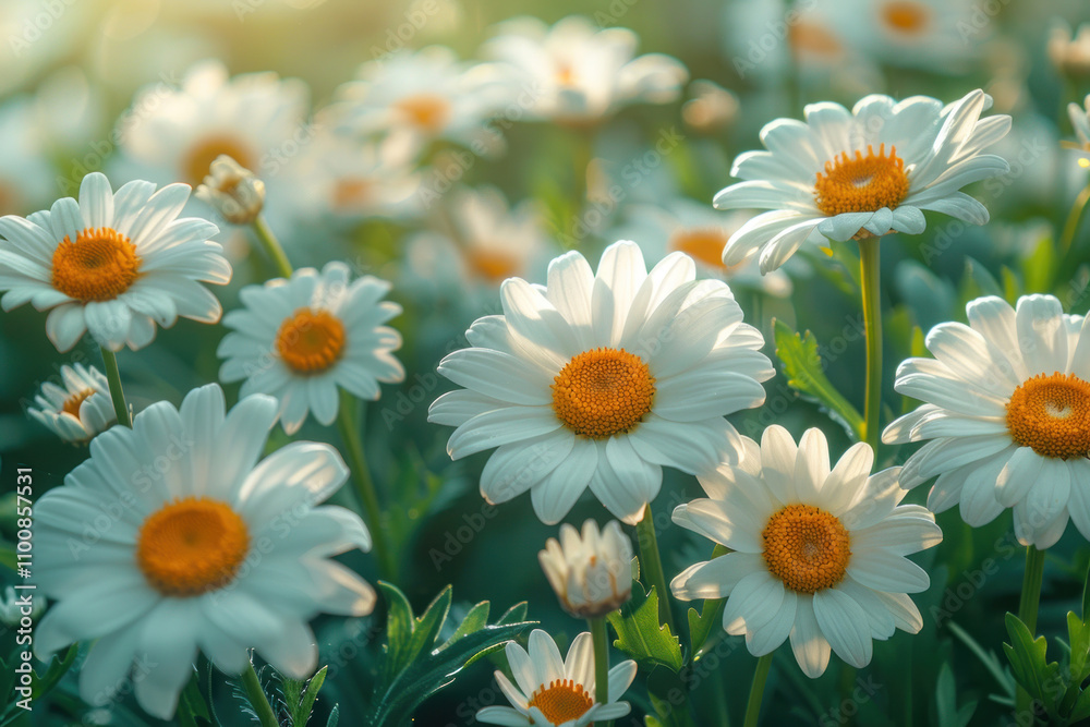Fototapeta premium field with daisies. The flowers have white petals and bright yellow centers.