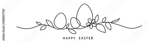 One line drawing. Abstract decorative horizontal ornament with easter eggs, stem, flower and leaves. Beautiful hand drawn easter eggs. Happy easter border design element. Vector stock illustration.