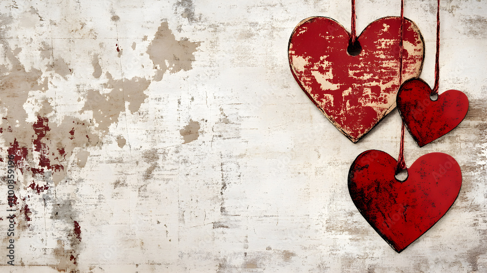 Red hearts hanging on rustic background, perfect for Valentine Day Red hearts hanging on rustic background, perfect for Valentine Day