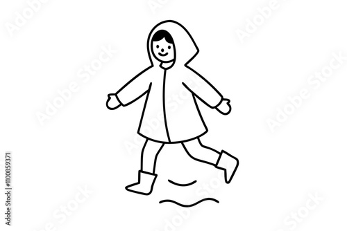 Girl Playing in Puddles Line Art.