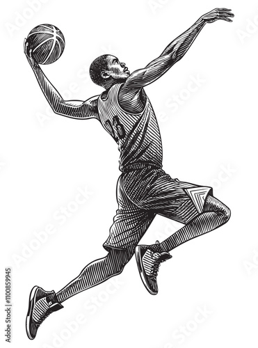 basketball player making slam dunk sketch engraving drawing hand drawn vector illustration