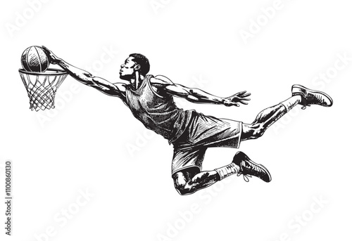 basketball player making slam dunk sketch engraving drawing hand drawn vector illustration
