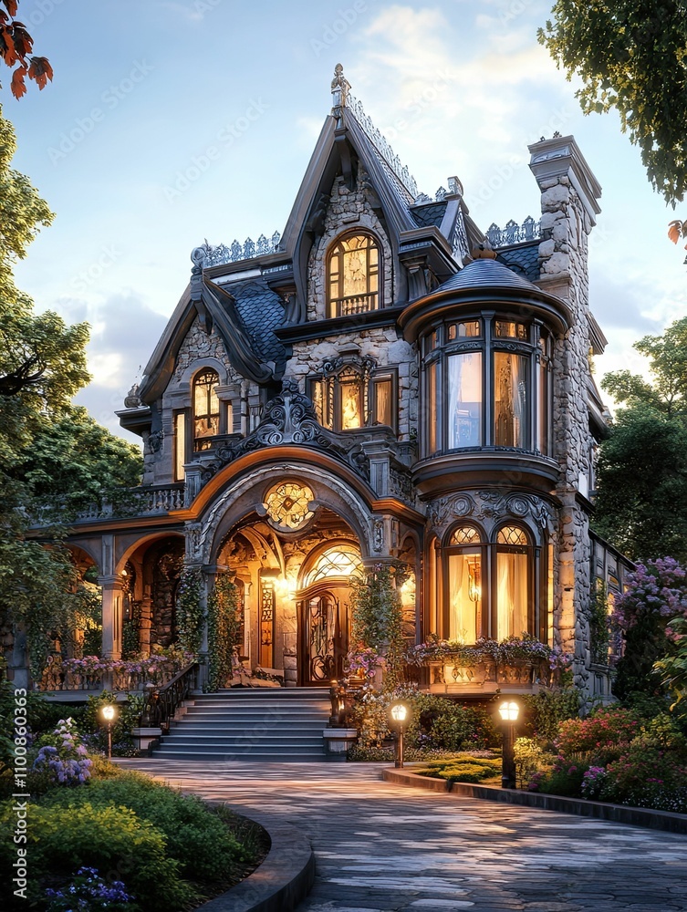 Obraz premium A grand stone house with a lit pathway.