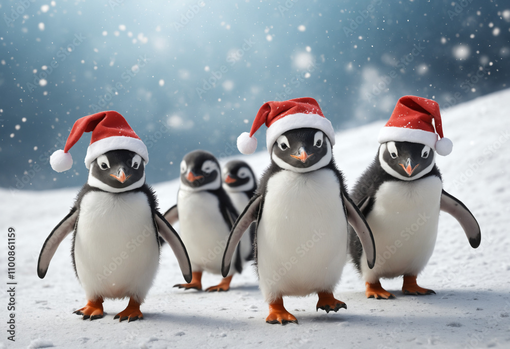 Fototapeta premium group of cheerful penguins wearing Santa hats standing together in the snow during a festive winter scene
