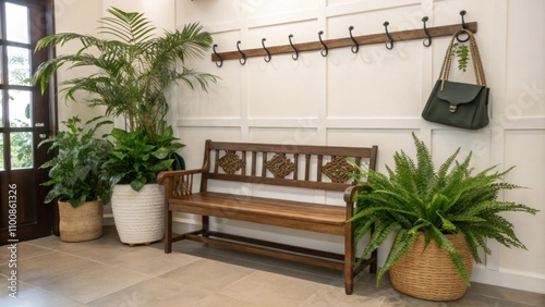Lush greenery is introduced through potted plants positioned beside the bench bringing a touch of nature indoors. The hooks above are thoughtfully arranged to create balance