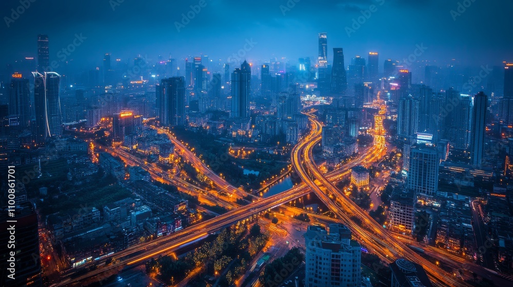 Obraz premium Aerial View of Urban Cityscape at Night with Illuminated Skyscrapers and Busy Highways in a Modern Metropolis Under a Dramatic Blue Sky