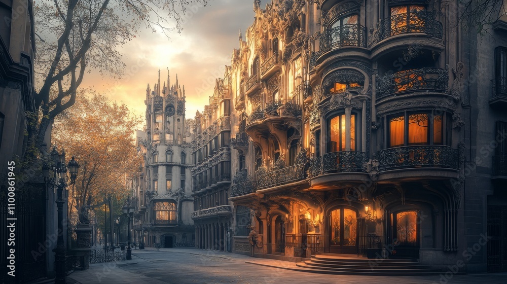 Fototapeta premium Captivating Evening Streetscape with Historic Architecture, Streetlamps, and Warmly Lit Windows Showcasing the Charm of Urban Life and Serenity in a Golden Hour Setting