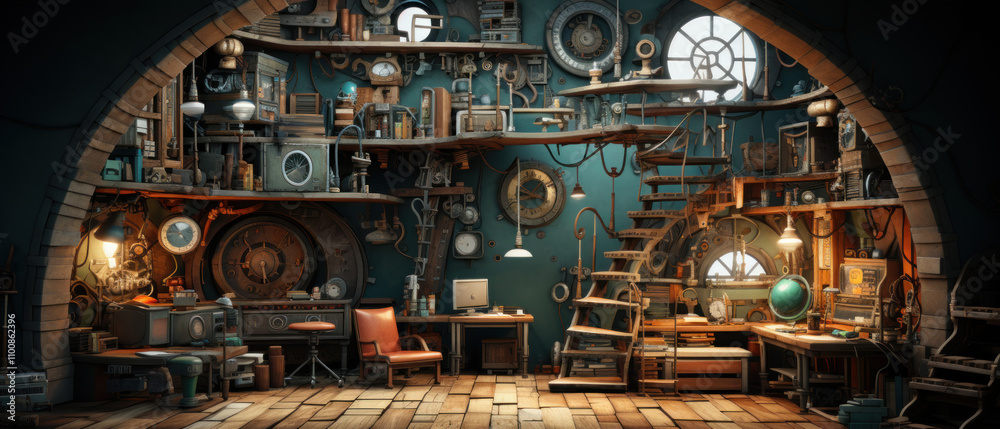 Fototapeta premium A cozy steampunk room with lots of details and accessories typical of this style.