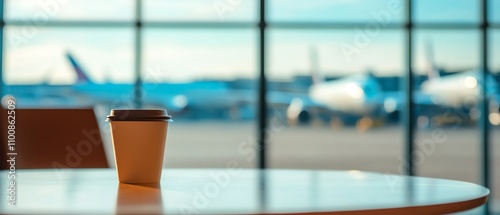 Coffee cup at airport with planes in background. photo