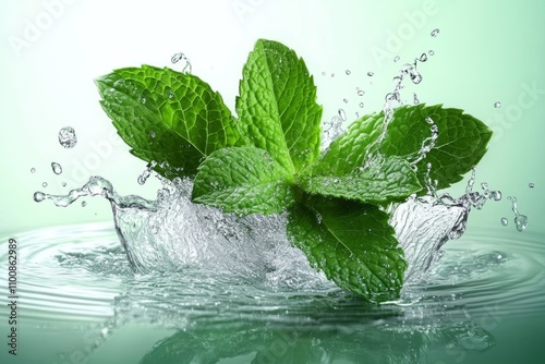 Fresh Mint Leaf Splashing in Water Creating Ripples and Droplets Against Light Green Background photo