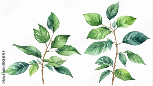 a close up of a plant with green leaves on a white background