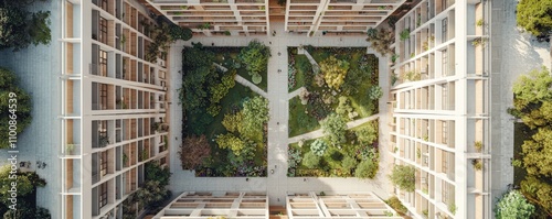 Aerial view of a modern architectural design featuring green courtyards surrounded by contemporary buildings.