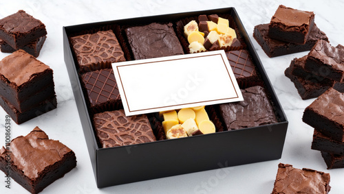 Delicious assorted brownies gourmet bakery dessert box elegant setting top view indulgent treats for every occasion photo