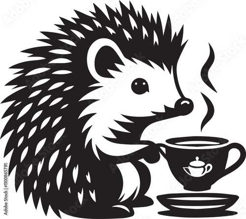 A hedgehog sipping tea vector silhouette