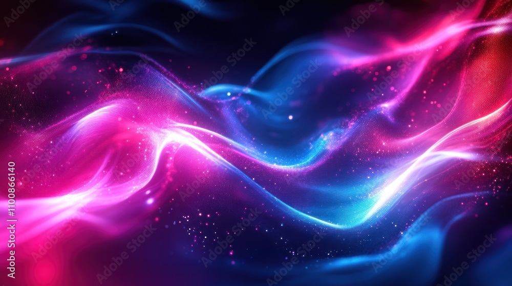 Obraz premium Abstract glowing waves of pink and blue light with sparkles on a dark background.