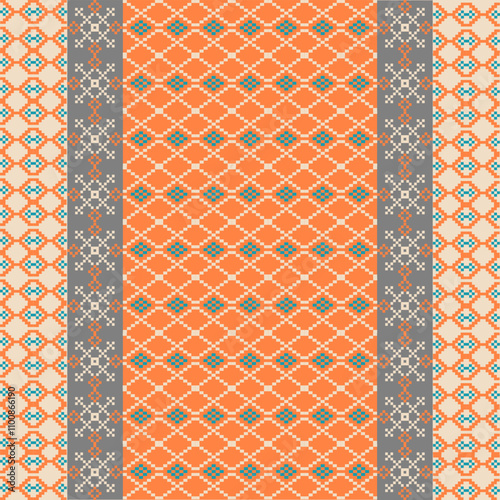 Art Abstract with Pixel Art Designs. Traditional Cross Stitch needlework. Geometric Ethnic Pattern, Embroidery, Textile Ornamental, Fabric, Hand Stitch Pattern, Cultural Stitching Pixel Art