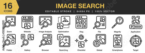 Image Search icon set. Editable Stroke Icon Collection. Includes Gallery, Image, Images, Photo, Picture, Pictures, and More. Outline icons vector collection.