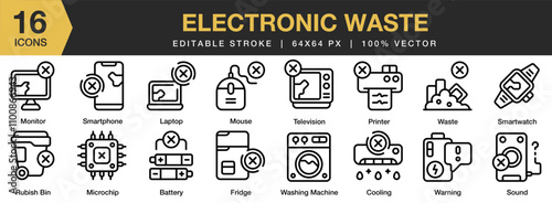 Electronic Waste icon set. Editable Stroke Icon Collection. Includes garbage, recycling, junk, recycle, electronic waste, and More. Outline icons vector collection.
