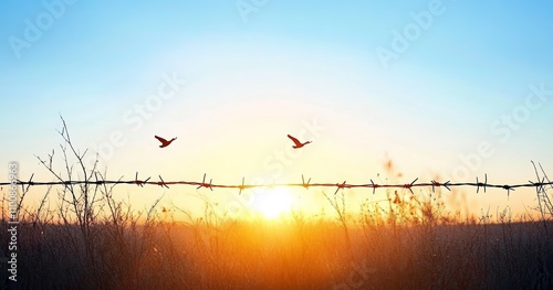 Freedom Concept Bird Flying Barbed Wire Sunrise Landscape Serenity Peace Nature Barren Beauty photo