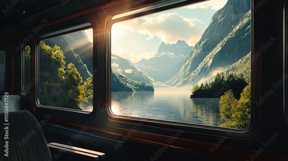 Naklejka premium Enchanting mountain view from a first-class train compartment scenic landscape nature tranquil environment serene perspective