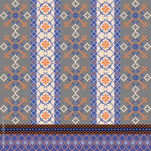 Art Abstract with Pixel Art Designs. Traditional Cross Stitch needlework. Geometric Ethnic Pattern, Embroidery, Textile Ornamental, Fabric, Hand Stitch Pattern, Cultural Stitching Pixel Art