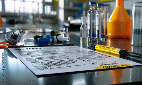Laboratory Equipment and Safety Data Sheet on Table in Research Facility