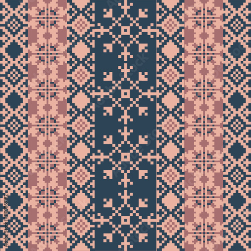 Art Abstract with Pixel Art Designs. Traditional Cross Stitch needlework. Geometric Ethnic Pattern, Embroidery, Textile Ornamental, Fabric, Hand Stitch Pattern, Cultural Stitching Pixel Art