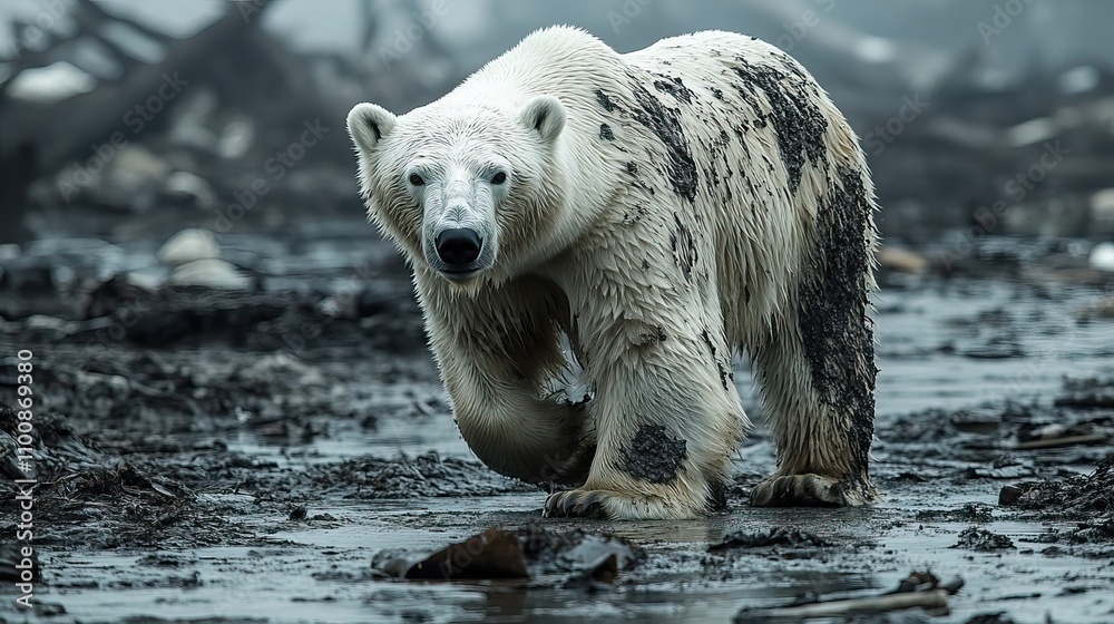 A polar bear facing the threats of climate change walks across polluted ...